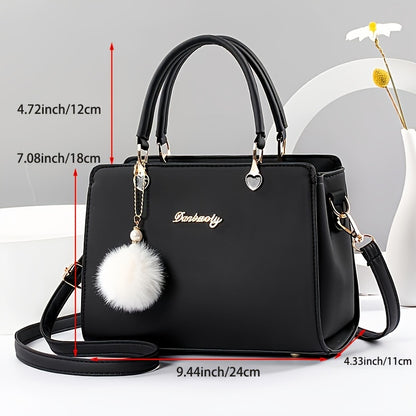 Solid Color Faux Leather Shoulder Bag - Detachable Strap, Zip Closure, Multi-Layer Crossbody Design, Polyester Lining, Fade-Resistant, Pom-Pom Pendant - The Perfect Holiday Gift for Valentine'S Day, Mother'S Day NovaCart