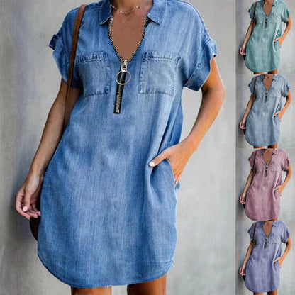 European And American Lapel Short Sleeve Loose Dress Denim Shirt Grayceful LLC