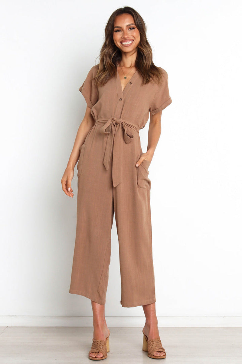 Women's V-Neck Cropped Wide-Leg Knit Jumpsuit FitiqueFit