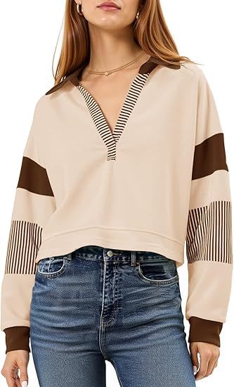 Color‑Block Cropped Polo V‑Neck Sweatshirt FitiqueFit