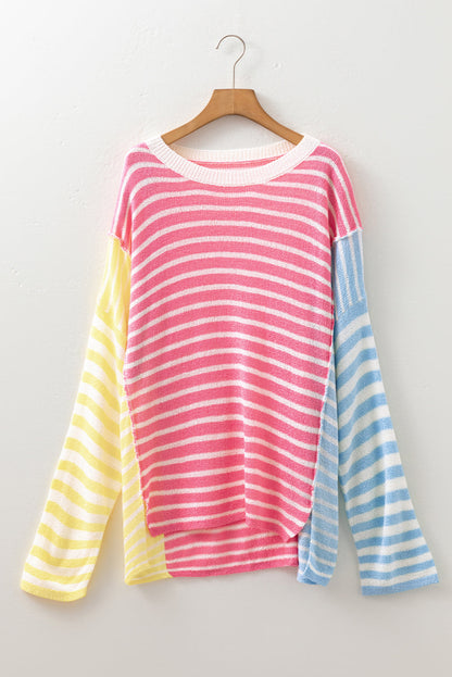 Multicolour Striped Exposed Seam Colorblock Patchwork Plus Size Sweater Garden Naked Curves