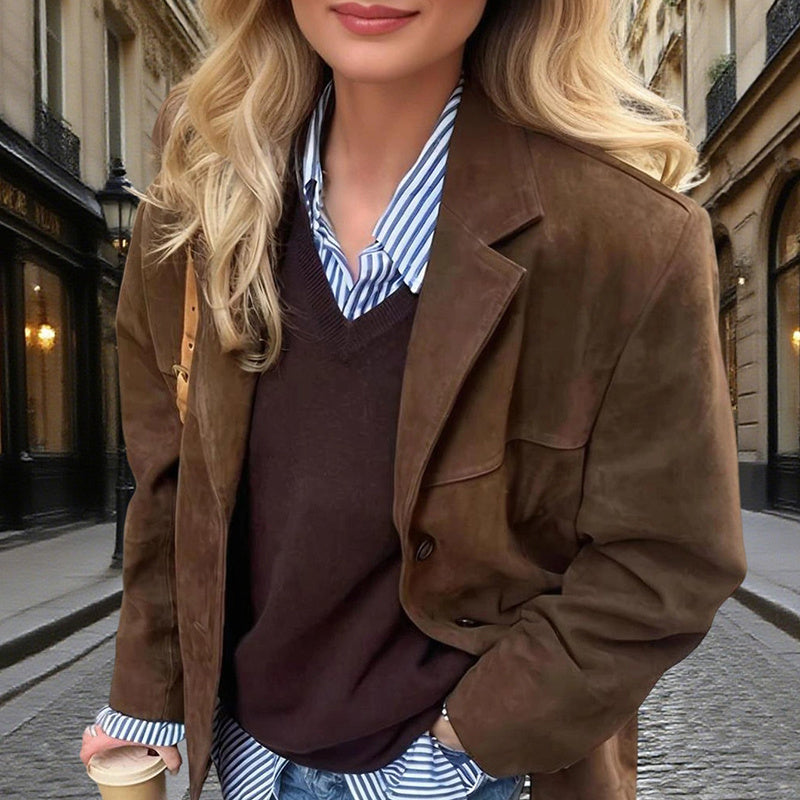 Suede-Look Blazer Jacket — V-Notch Lapel, Button-Front Casual Coat FitiqueFit