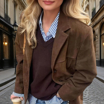Suede-Look Blazer Jacket — V-Notch Lapel, Button-Front Casual Coat FitiqueFit