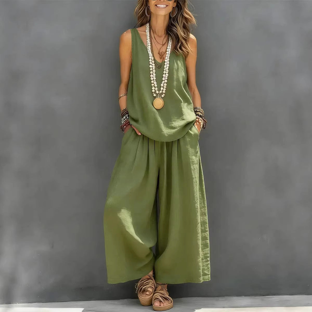 Women’s Cotton Linen Sleeveless Tank Top and Wide-Leg Pants Set FitiqueFit
