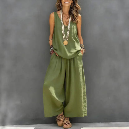 Women’s Cotton Linen Sleeveless Tank Top and Wide-Leg Pants Set FitiqueFit