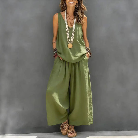 Women’s Cotton Linen Sleeveless Tank Top and Wide-Leg Pants Set FitiqueFit
