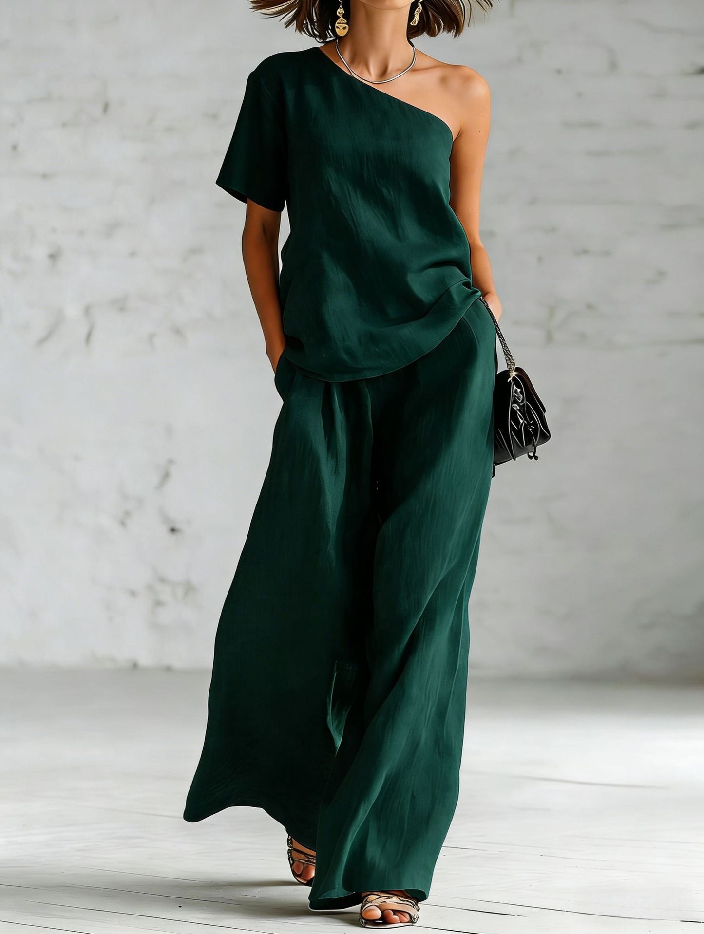 Women's Wide-Leg Pants & Top Set – 2-Piece Three-Quarter Sleeve Outfit FitiqueFit
