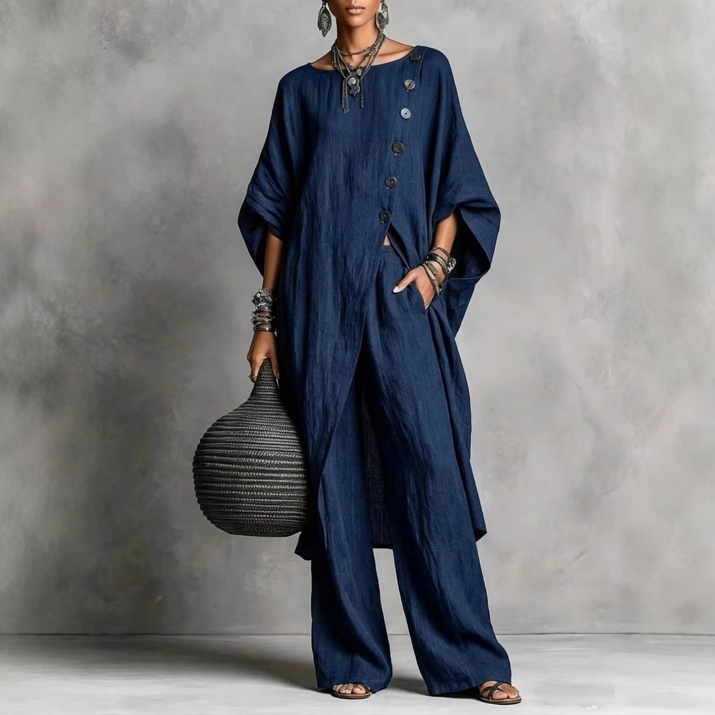 Women's Drop Shoulder Three-Quarter Sleeve Irregular Shirt & Pants Set FitiqueFit