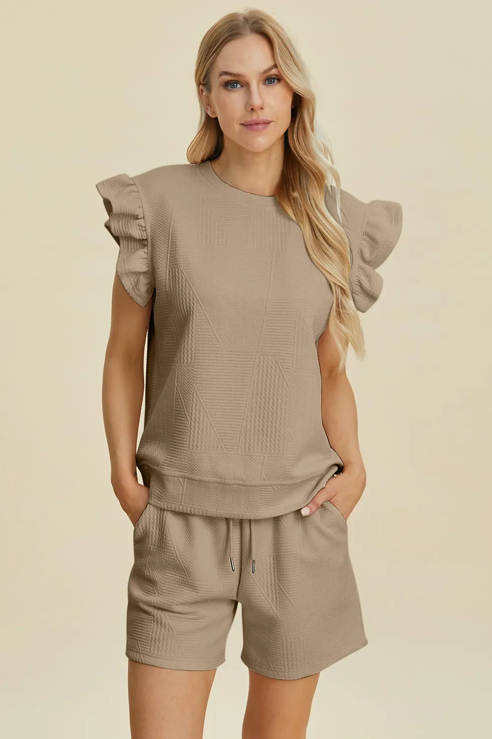 Double Take Full Size Texture Round Neck Ruffle Sleeve Top and Shorts Set West2East Surf