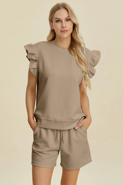 Double Take Full Size Texture Round Neck Ruffle Sleeve Top and Shorts Set West2East Surf