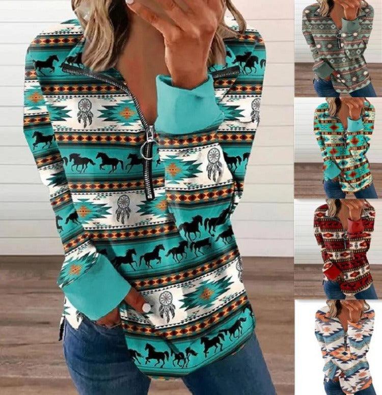 Western Style Zipper Sweater | Cowgirl Chic Pullover with Horse Print Country in My Heart