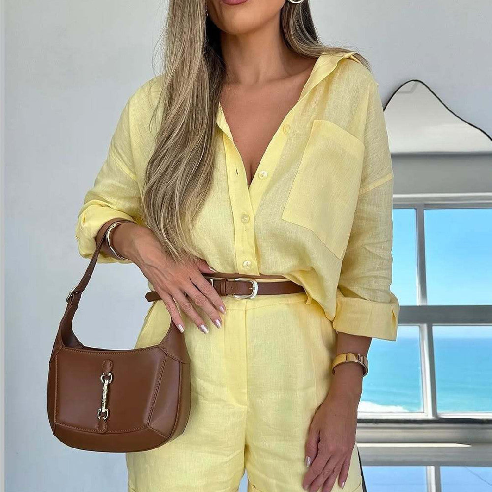 Women's Casual Long-Sleeve Shirt & Shorts Set – Cotton 2-Piece FitiqueFit