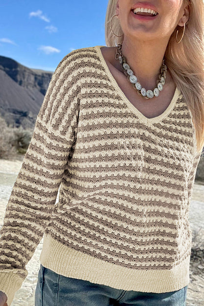 Khaki Stripe Plus Size V Neck Drop Shoulder Sweater Garden Naked Curves