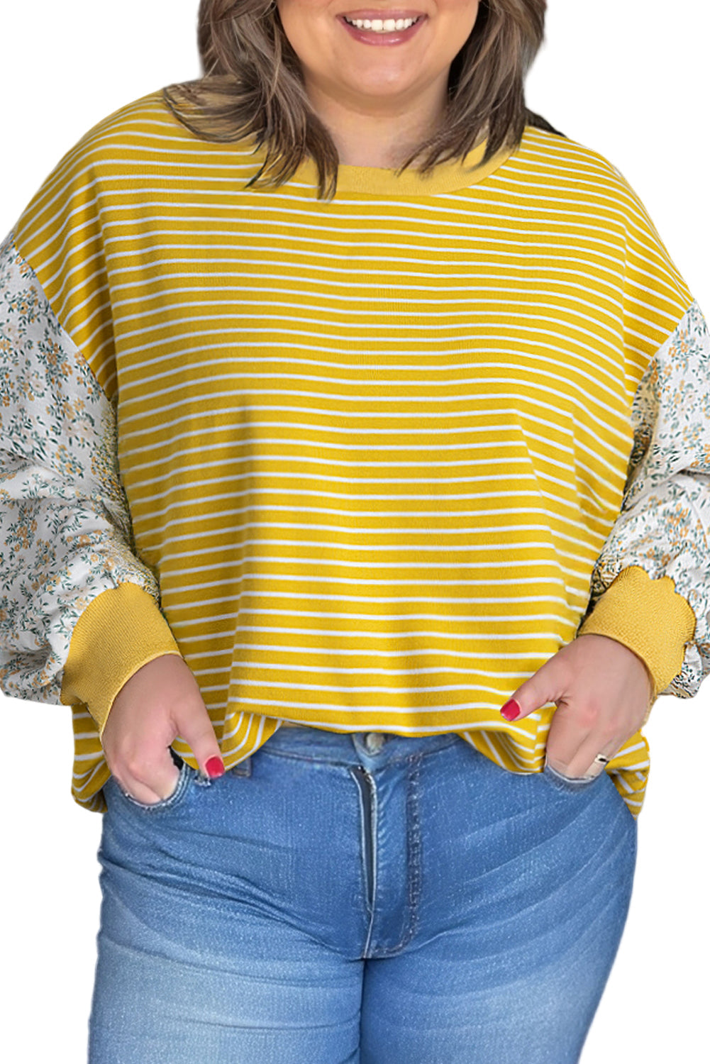 Yellow Striped Floral Patchwork Sleeve Plus Size Loose Top Garden Naked Curves
