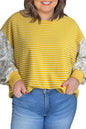 Yellow Striped Floral Patchwork Sleeve Plus Size Loose Top Garden Naked Curves