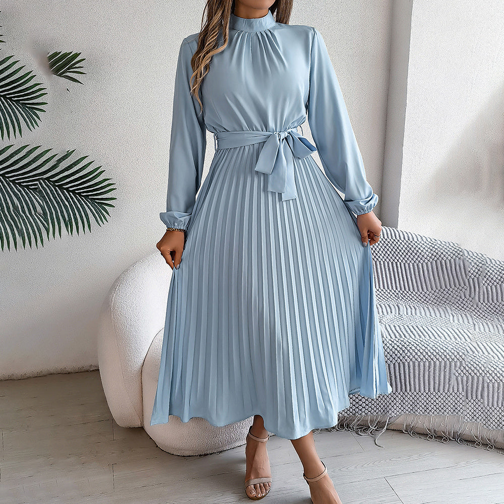 Elegant High Neck Long Sleeve Pleated Maxi Dress - Solid Color Flowy Dress For Women, Casual To Formal Wear Grayceful LLC