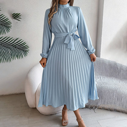 Elegant High Neck Long Sleeve Pleated Maxi Dress - Solid Color Flowy Dress For Women, Casual To Formal Wear Grayceful LLC