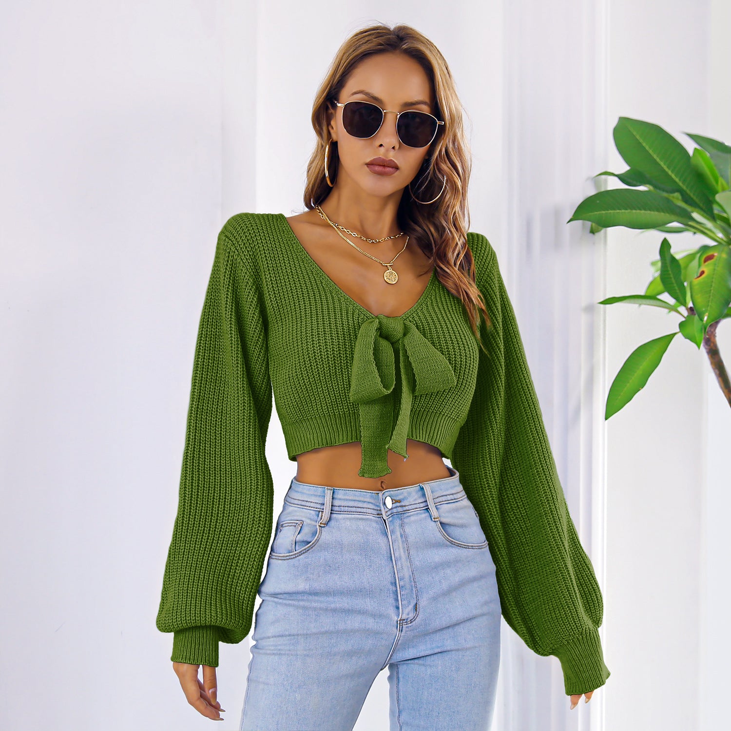 Sexy Bowknot V Neck Crop Sweater, Casual Lantern Long Sleeve Loose Fall Winter Knit Sweater, Women's Clothing NovaCart