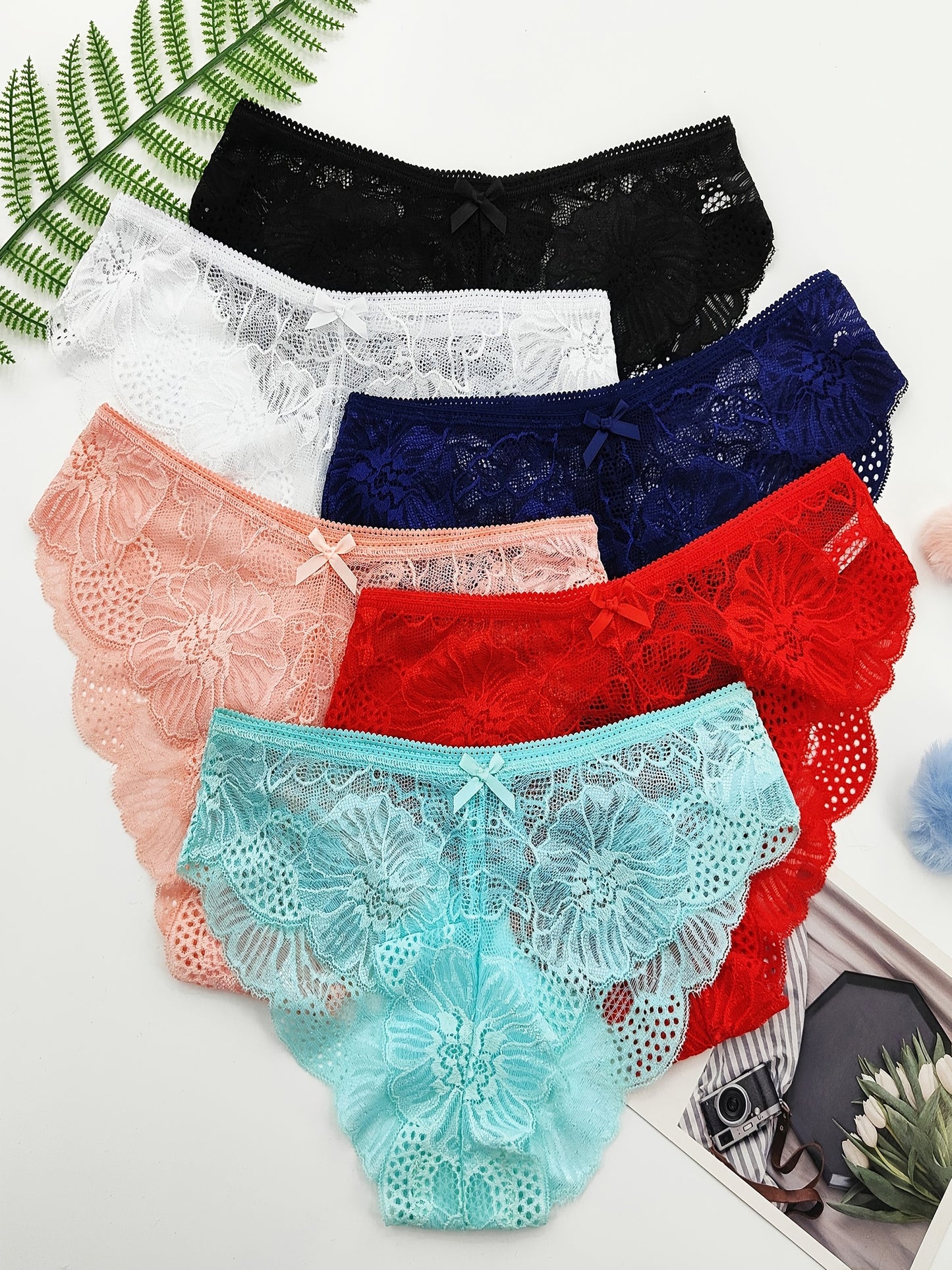 6pcs Jacquard Lace Bow Hipster Bikini Panties, Comfortable & Breathable Low Waist Briefs, Women's Lingerie & Underwear NovaCart