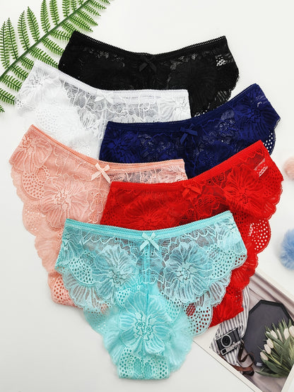 6pcs Jacquard Lace Bow Hipster Bikini Panties, Comfortable & Breathable Low Waist Briefs, Women's Lingerie & Underwear NovaCart