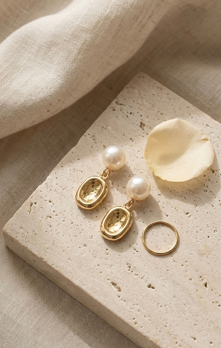 "Odette" French Baroque Textured Gold & Pearl Drop Earrings Tinyloverclothing
