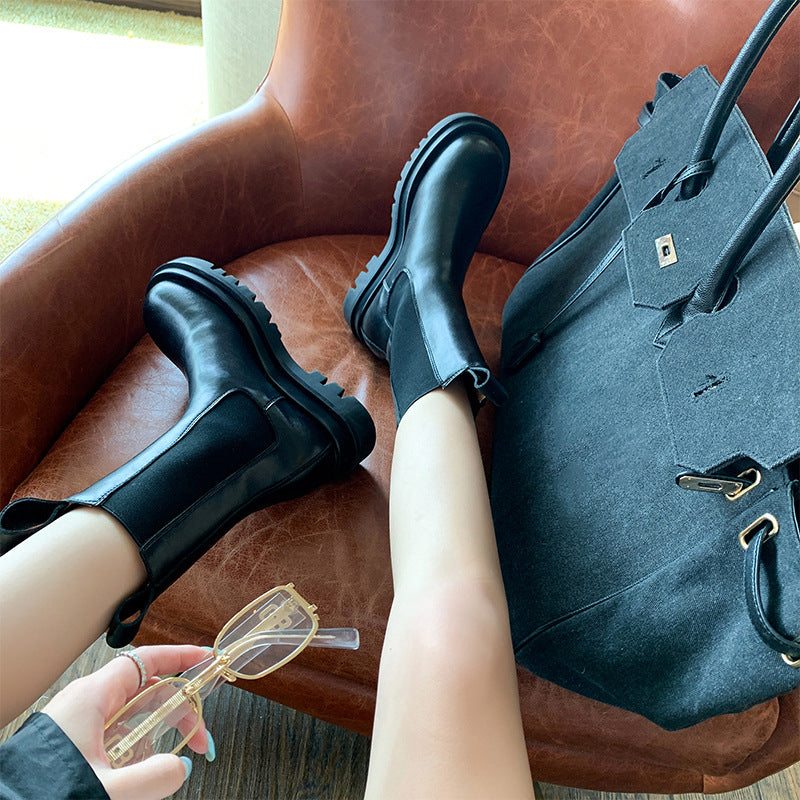 Women’s British-Style Mid-Calf Thick-Soled Leather Boots FitiqueFit