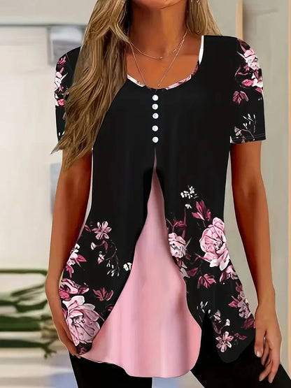 Women’s Printed Faux Two-Piece V-Neck Short Sleeve Top FitiqueFit