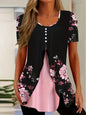Women’s Printed Faux Two-Piece V-Neck Short Sleeve Top FitiqueFit