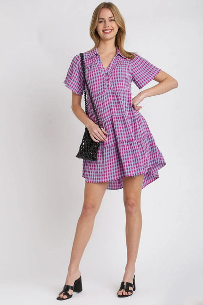 Umgee Full Size Gingham Tiered Button Detail Short Sleeve Dress Plus Size West2East Surf