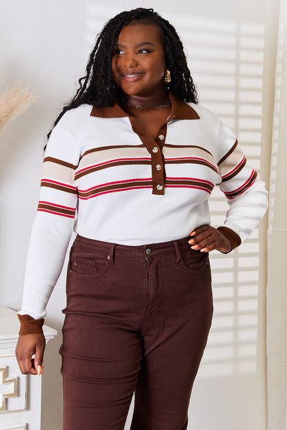 Basic Bae Striped Collared Neck Rib-Knit Top New Era Fashion LLc