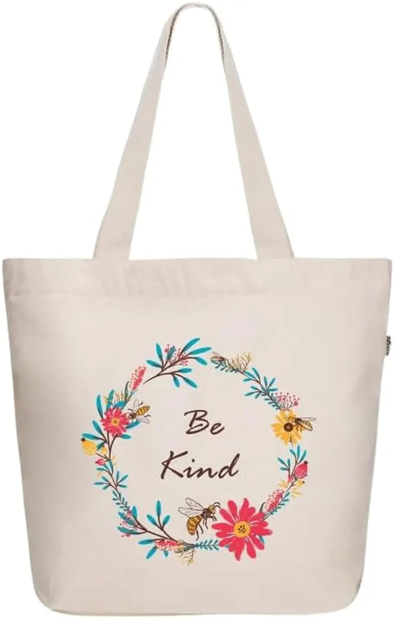 Ecoright Large Be Kind Canvas Tote Bag - Stylish Zipper Tote for Women Perfect for Yoga, Work, and Beach Outings