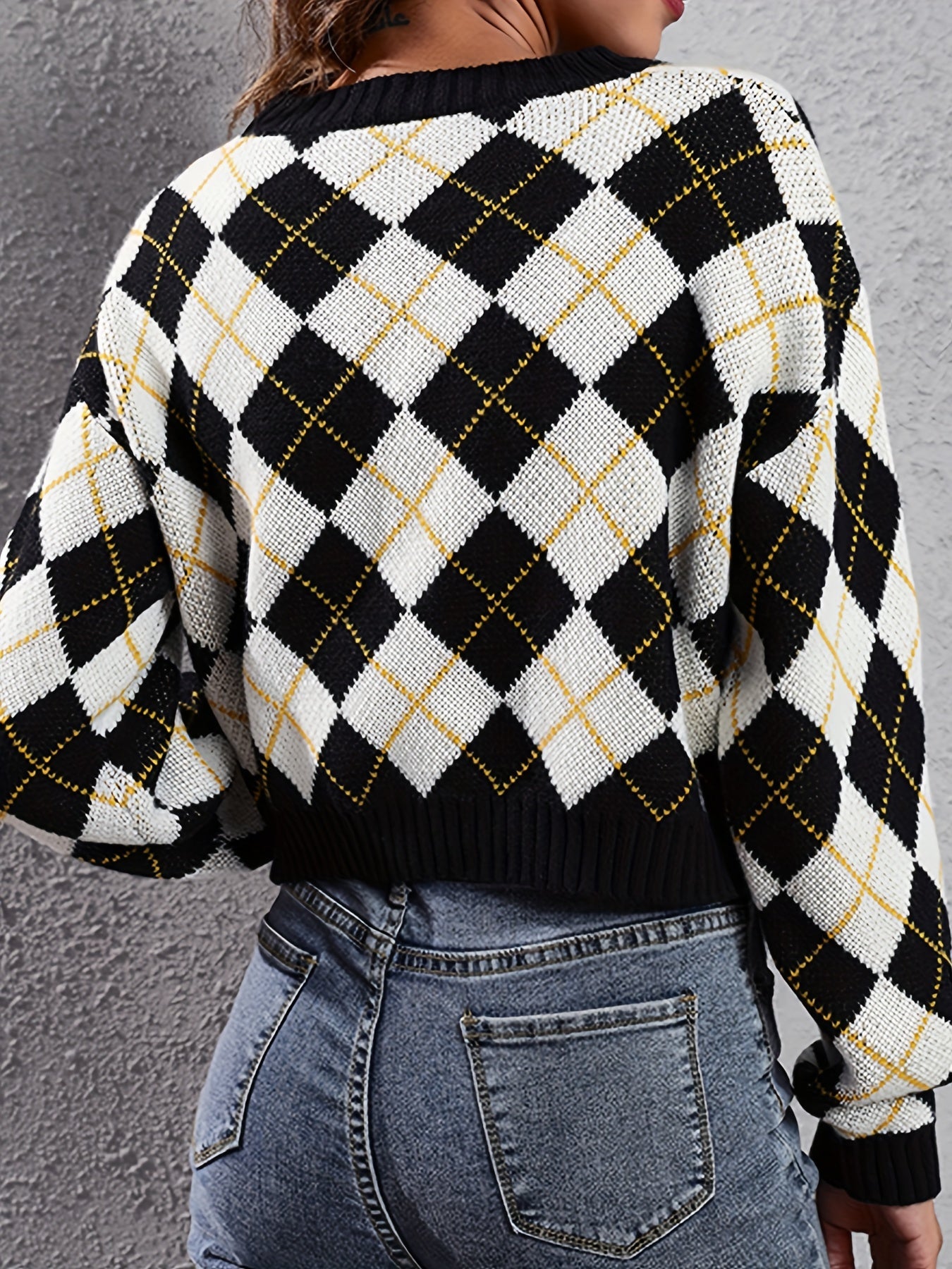Women'S Elegant Tartan Knit Cardigan, V-Neck Short Length Sweater with Button Detail, Acrylic 100% Long Sleeve Knitwear for Fall/Winter NovaCart