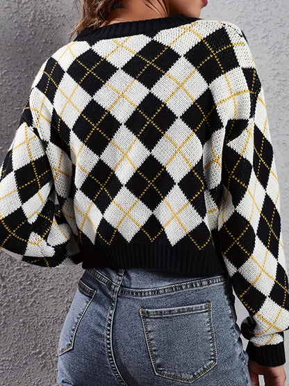 Women'S Elegant Tartan Knit Cardigan, V-Neck Short Length Sweater with Button Detail, Acrylic 100% Long Sleeve Knitwear for Fall/Winter NovaCart