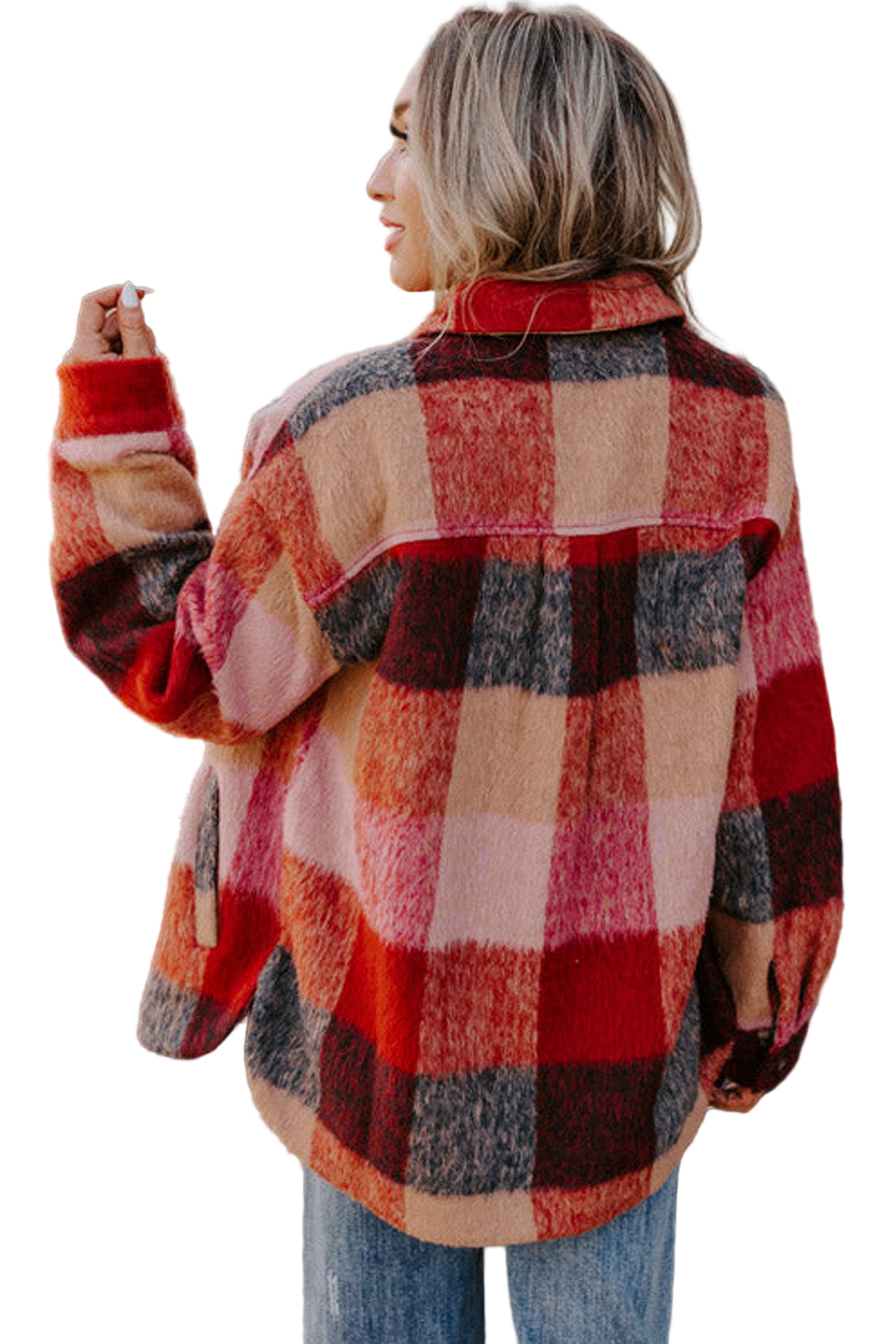 Orange Plaid Print Flap Pockets Buttoned Casual Plus Size Jacket Garden Naked Curves