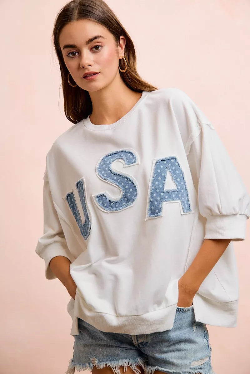 BiBi 4th Of July Usa Letter Patchwork French Terry Top New Era Fashion LLc