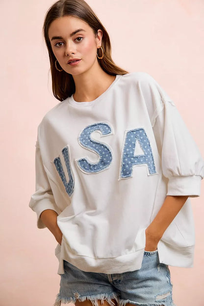 BiBi 4th Of July Usa Letter Patchwork French Terry Top New Era Fashion LLc