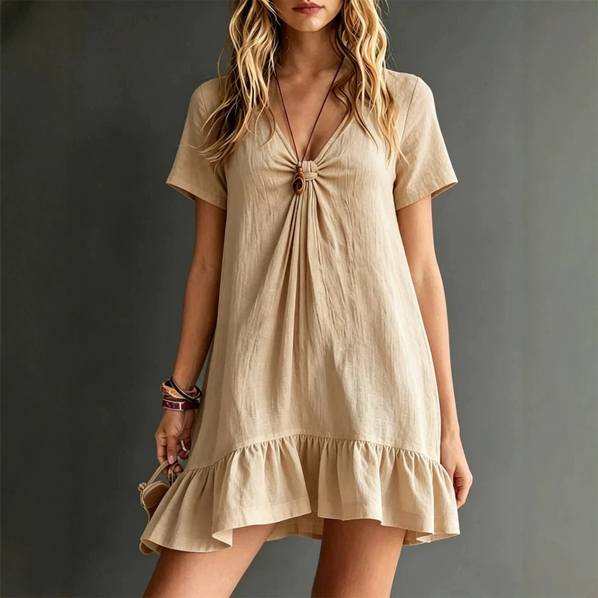 Women's V-Neck Short-Sleeve Midi Dress – Ice Silk Crepe Loose Casual FitiqueFit