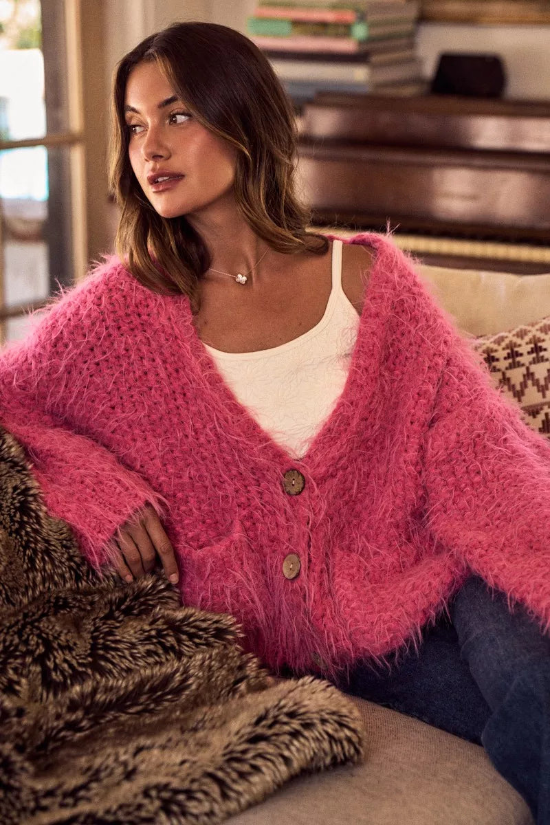SO ME Soft Touch Hairy Loose Fit Cozy Sweater Cardigan FitiqueFit