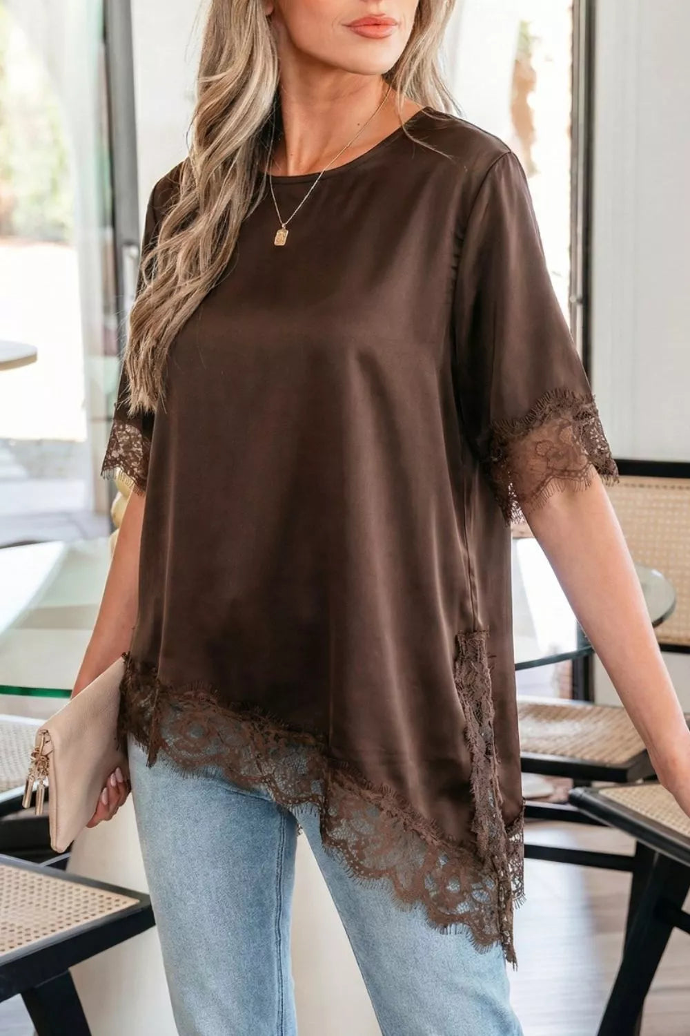 Asymmetric Lace Trim Short Sleeve Satin Top New Era Fashion LLc