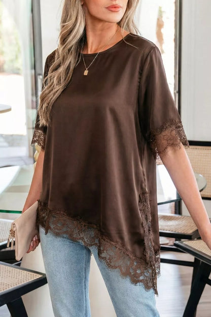 Asymmetric Lace Trim Short Sleeve Satin Top New Era Fashion LLc
