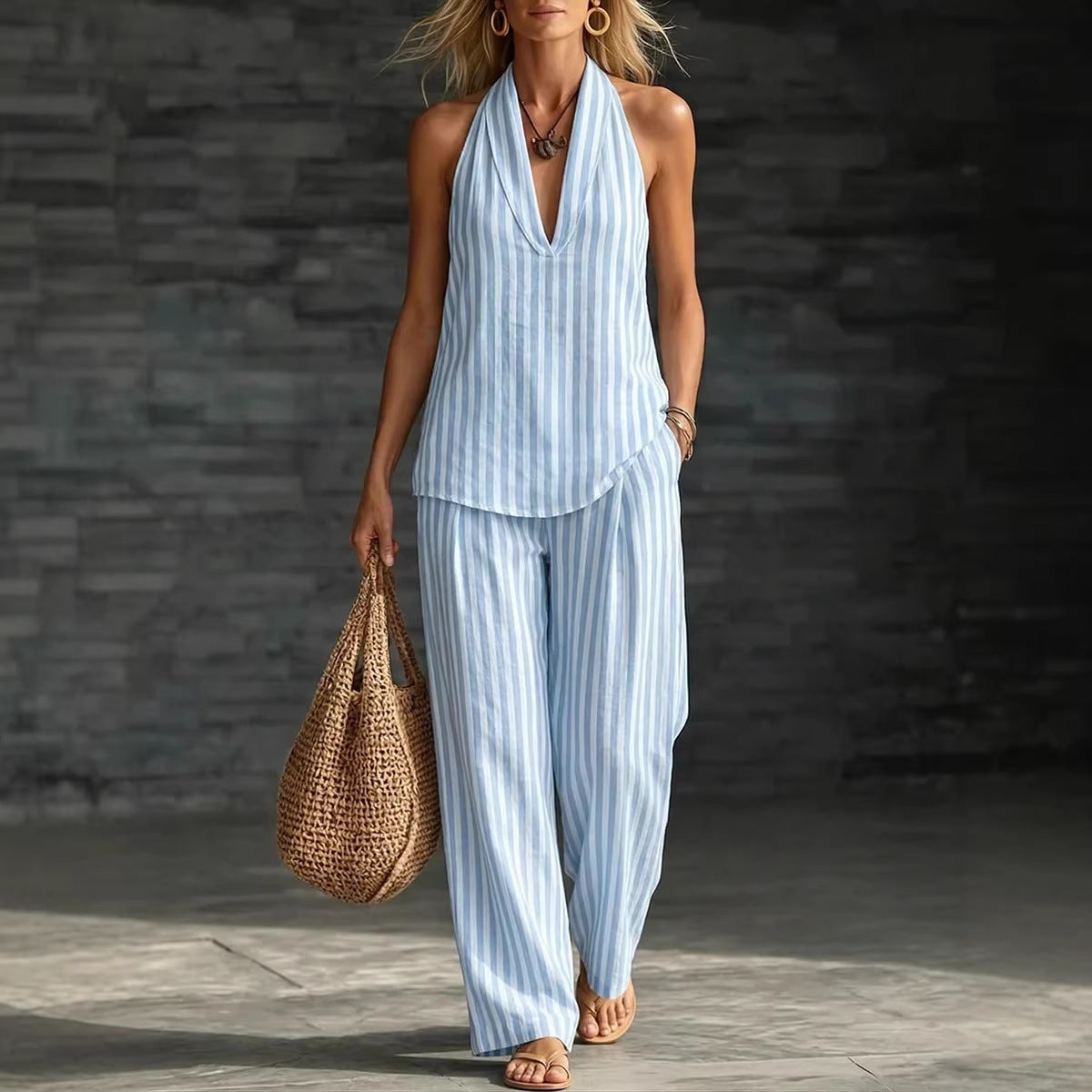Women's Striped Sleeveless Top & Wide-Leg Pants Set – Fashionable 2-Piece FitiqueFit