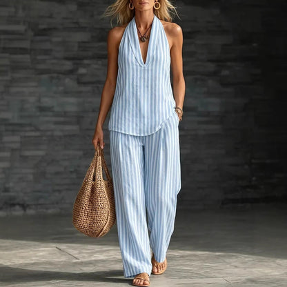 Women's Striped Sleeveless Top & Wide-Leg Pants Set – Fashionable 2-Piece FitiqueFit