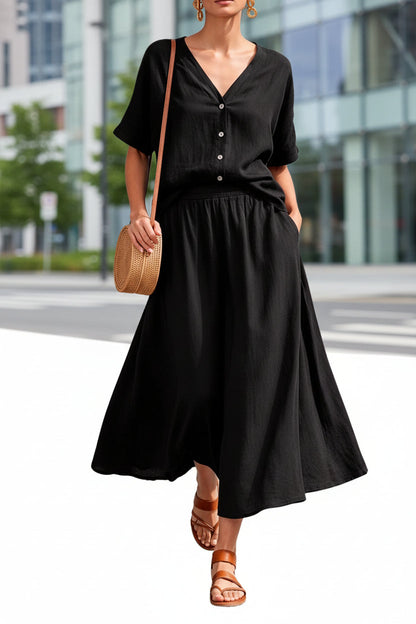 Women's Cotton-Linen V-Neck Button-Up Top & Long Skirt Set FitiqueFit