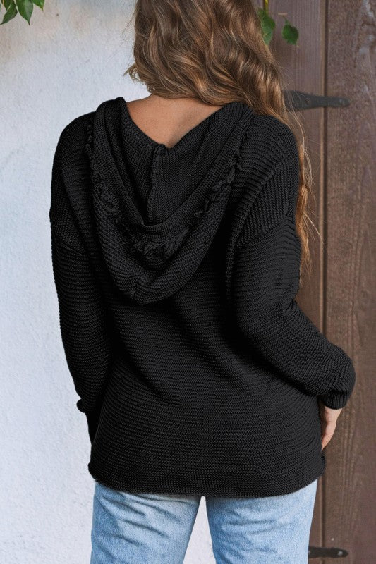 Solid Ribbed Drop Shoulder Hooded V-Neck Sweater Shop Style & More | Fresh Looks, Everyday Deals & Free Shipping