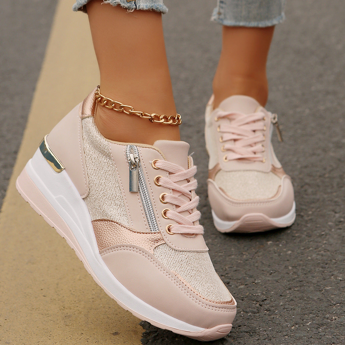Metallic Lace-Up Side Zipper Thick-Sole Sneakers – 3 Colors EU 37–44 FitiqueFit