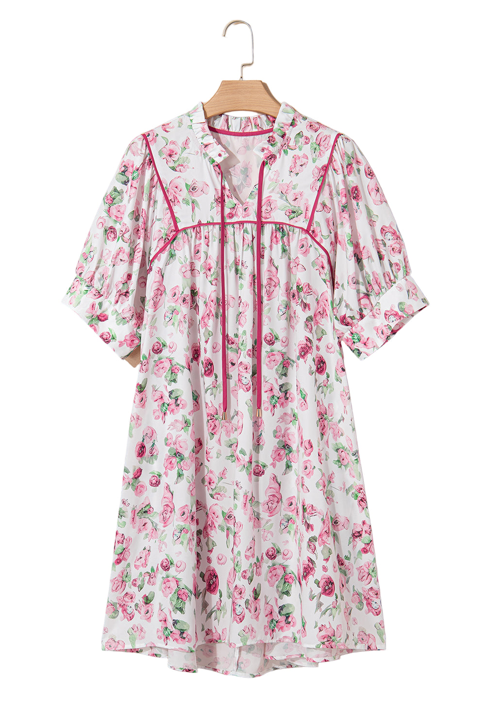 Pink Floral Split Neck Short Sleeve Loose Plus Size Mini Dress Garden Naked Curves