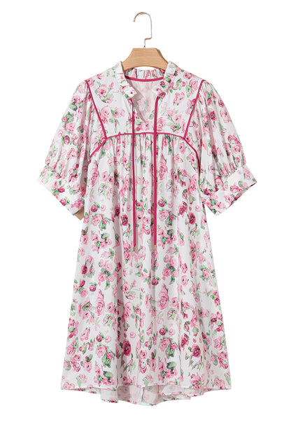 Pink Floral Split Neck Short Sleeve Loose Plus Size Mini Dress Garden Naked Curves