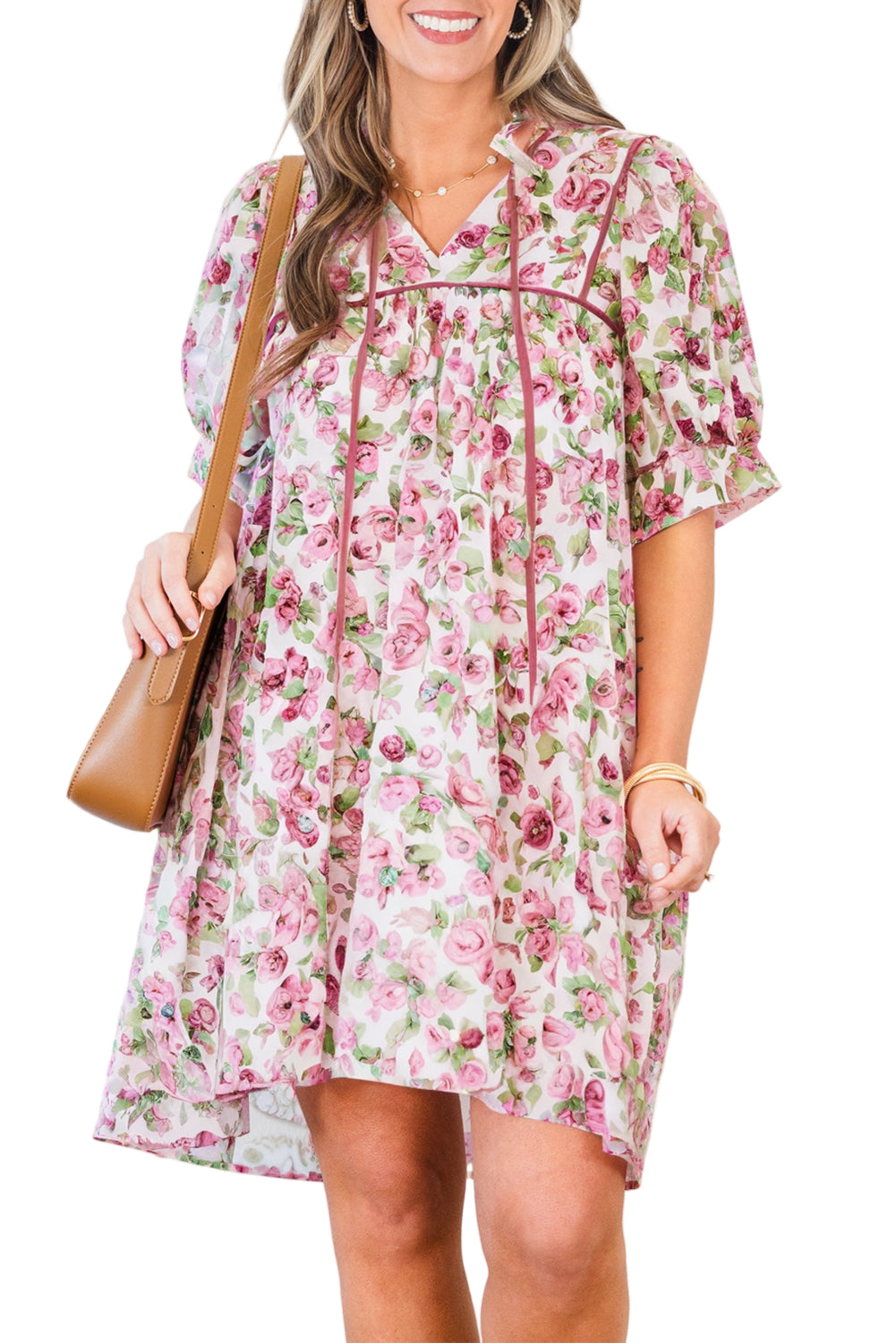 Pink Floral Split Neck Short Sleeve Loose Plus Size Mini Dress Garden Naked Curves