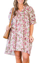 Pink Floral Split Neck Short Sleeve Loose Plus Size Mini Dress Garden Naked Curves