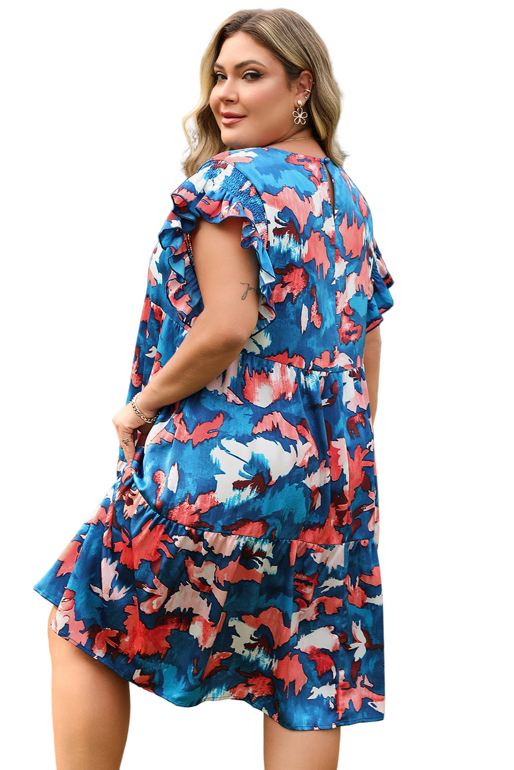 Blue Abstract Print Shirred Ruffled Short Sleeve Tiered Plus Size Mini Dress Garden Naked Curves